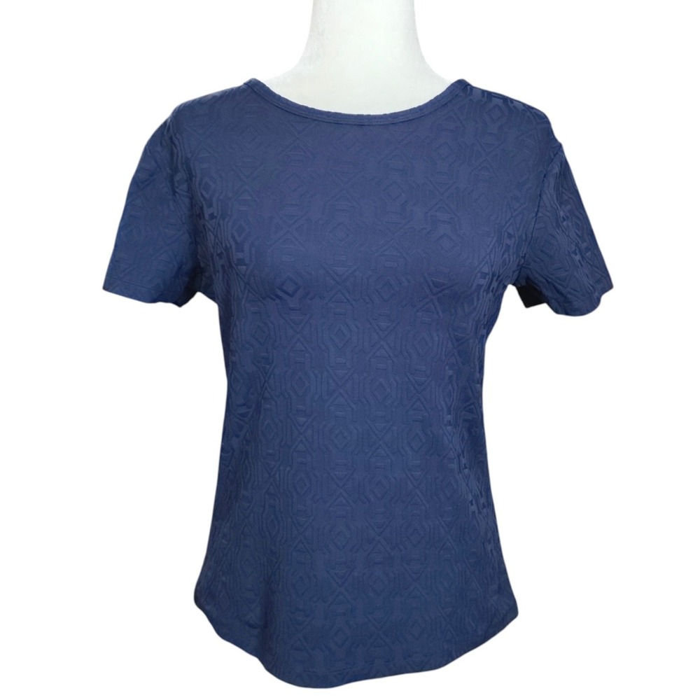 J.McLaughlin Navy Blue Geometric Jacquard Short Sleeve Top Womens Large